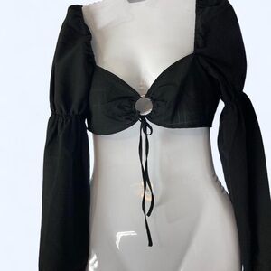 H&M Black Long Sleeve Crop Blouse with Keyhole Tie Front S